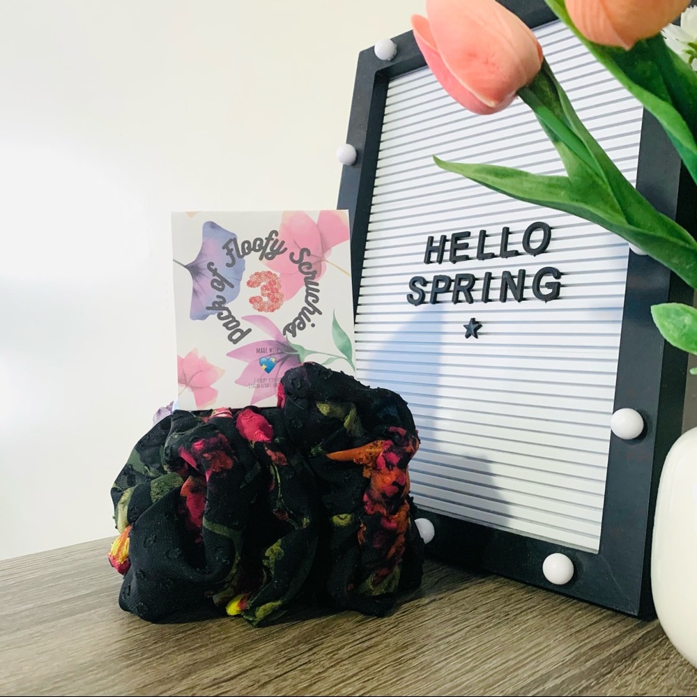 Set of 3 Upcycled Floofy Dark Floral Scrunchies